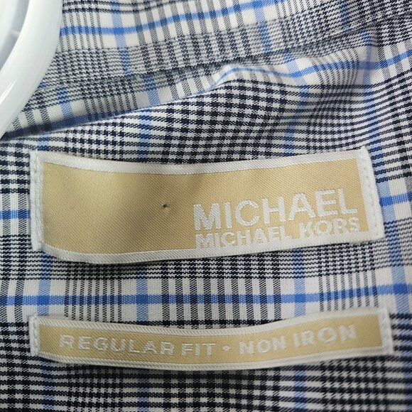 Michael Kors Non Iron Shirt Men's Sz L 16 34/35 White Blue Plaid Cotton - Picture 3 of 7